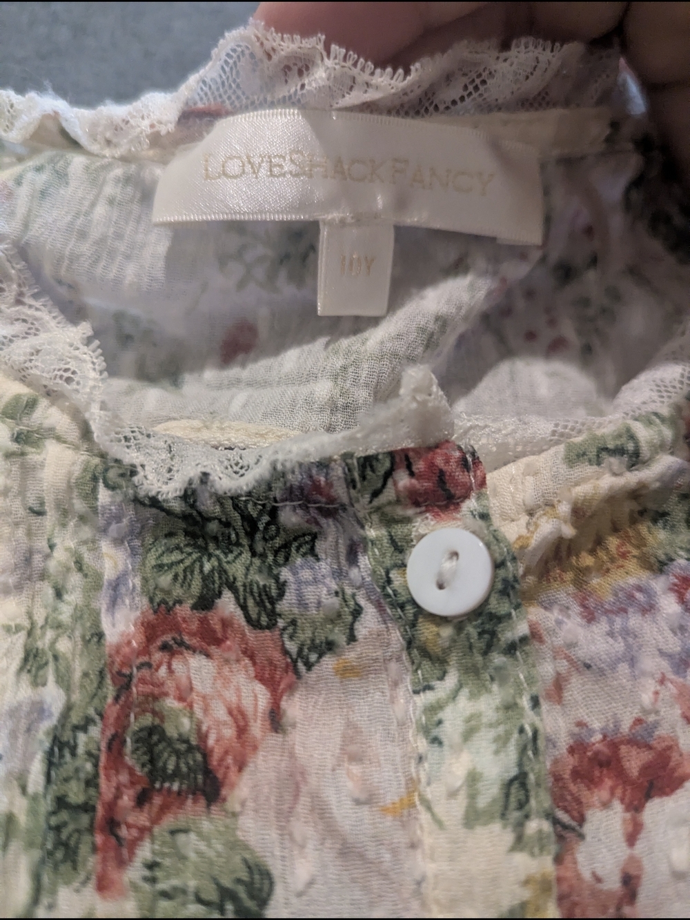 LoveShackFancy Girls Floral Ruffle Button-Up Blouse in White, Pink & Green - Picture 3 of 3